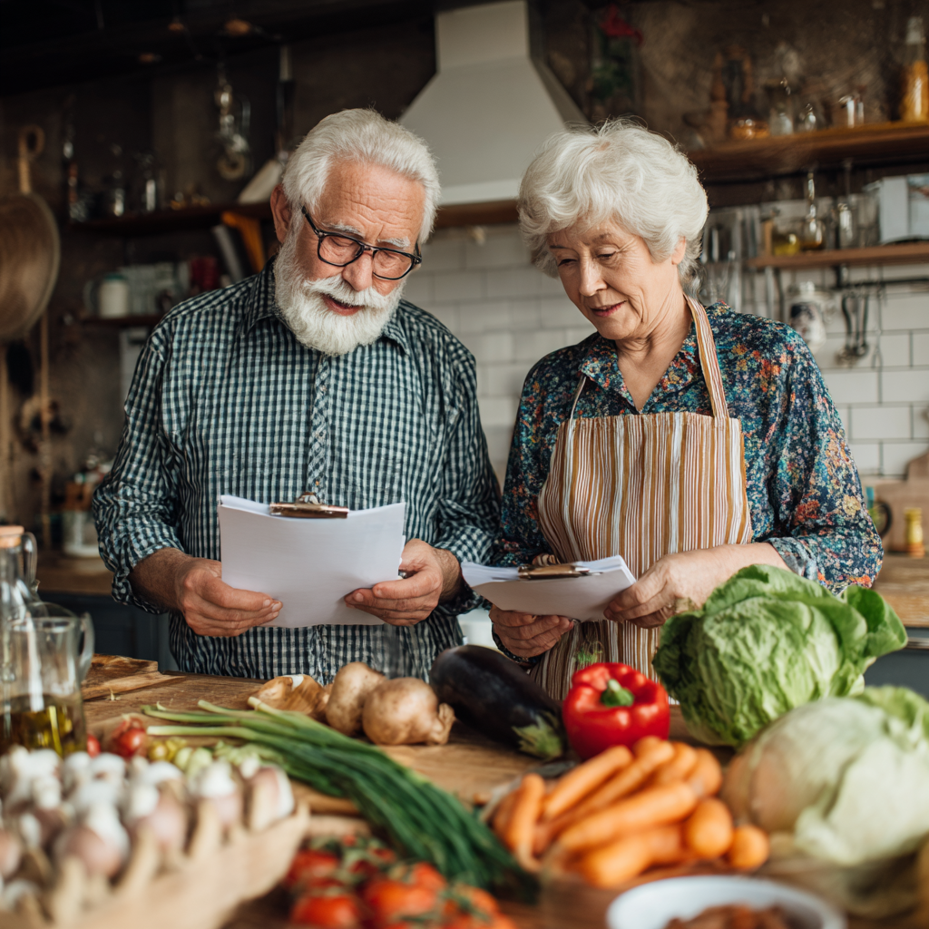Smiling middle-aged Ukrainian woman holding fresh vegetables and fruits in a modern kitchen, representing healthy nutrition planning