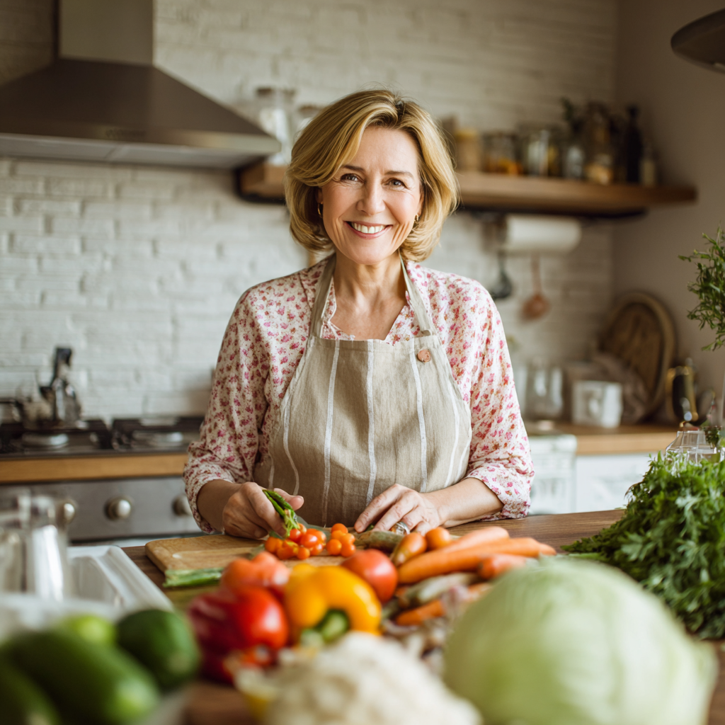 Confident Ukrainian nutrition expert in her 40s smiling warmly in a bright office setting with plants and healthy food charts